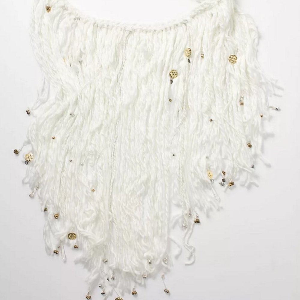 Anthropologie Braided Fringe Garland Ivory Yarn with Beads Charms & Little Bells